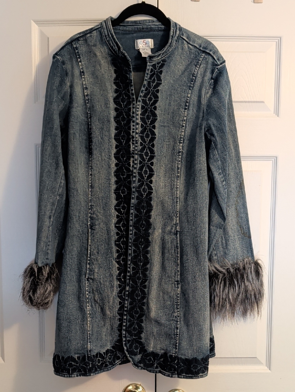OSO Casuals Denim Long Jean Jacket with Faux Fur Cuffs - Washed Blue